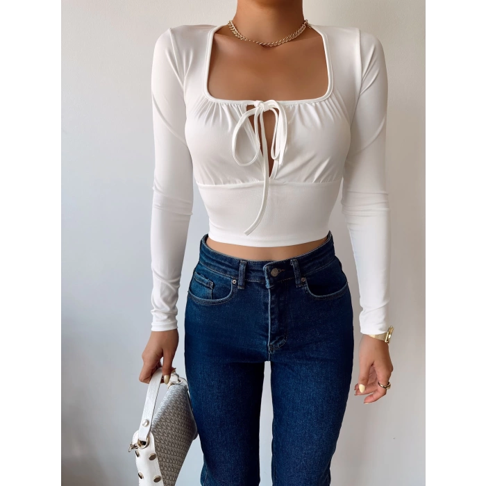 Göğüs Bağlamalı Crop Bluz-BEYAZ