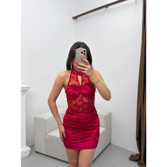 Göğüs Damla Dantel Elbise - KIRMIZI