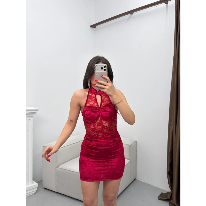 Göğüs Damla Dantel Elbise - KIRMIZI