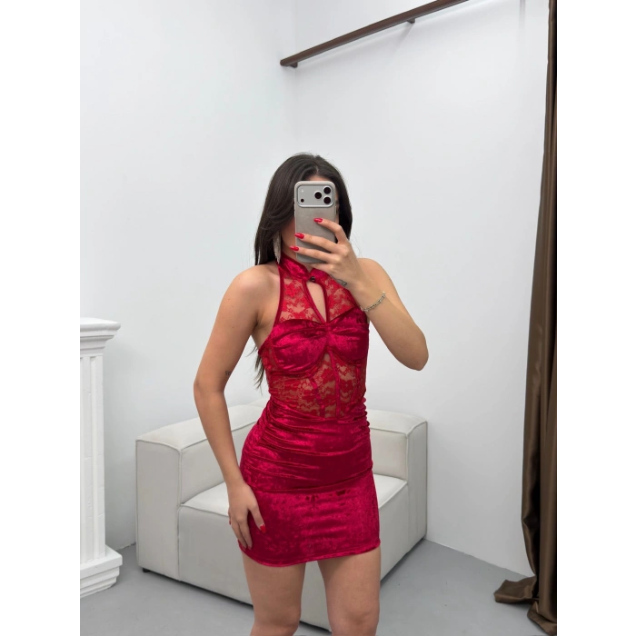 Göğüs Damla Dantel Elbise - KIRMIZI