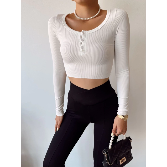 Göğüs Düğmeli Crop Bluz-BEYAZ
