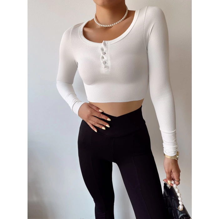 Göğüs Düğmeli Crop Bluz-BEYAZ