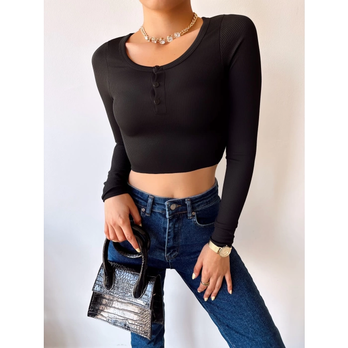 Göğüs Düğmeli Crop Bluz-SİYAH