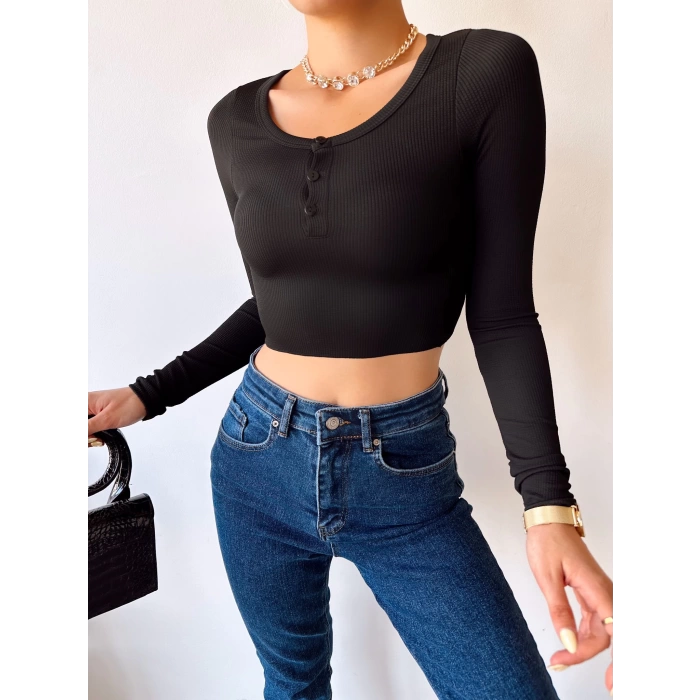 Göğüs Düğmeli Crop Bluz-SİYAH