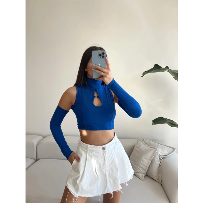 Göğüs Halka Omuz Detay Crop-MAVİ