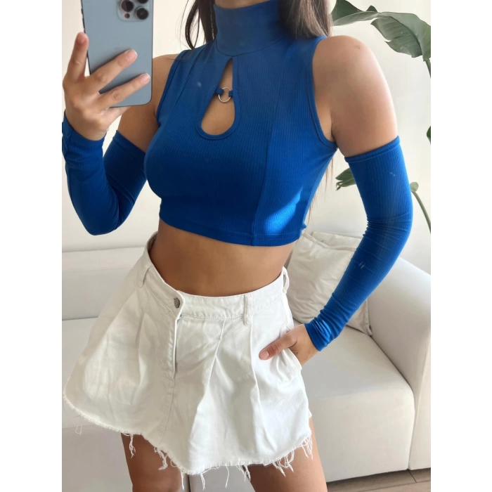 Göğüs Halka Omuz Detay Crop-MAVİ