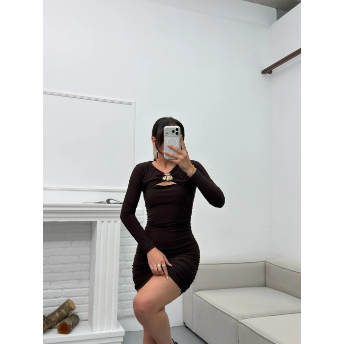 Göğüs Pencere Aksesuar Elbise - KAHVE