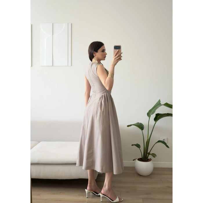 Göğüs Pencere Keten Premium Elbise - BEJ
