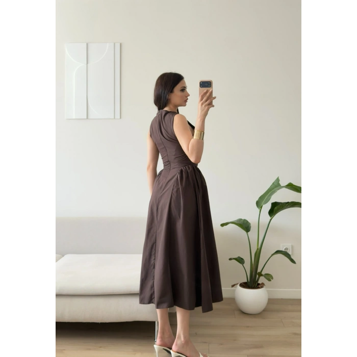 Göğüs Pencere Keten Premium Elbise - KAHVE
