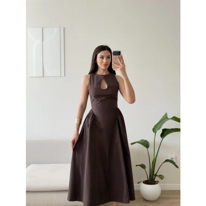 Göğüs Pencere Keten Premium Elbise - KAHVE