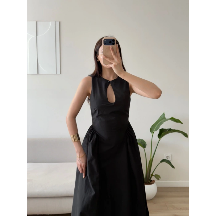 Göğüs Pencere Keten Premium Elbise - SİYAH
