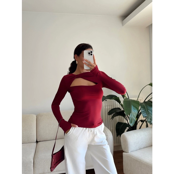 Göğüs Pencere Kruvaze Bluz - BORDO