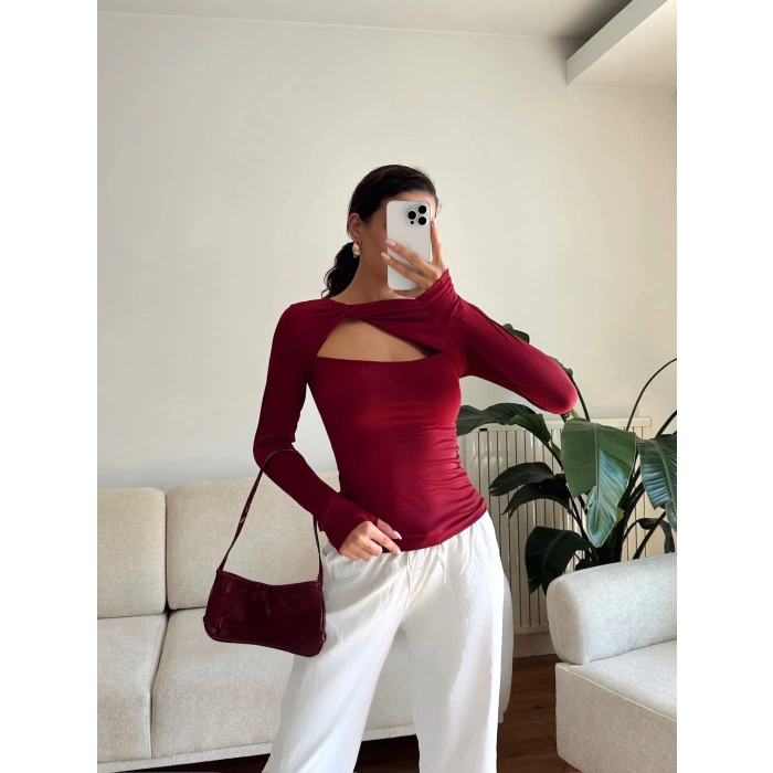 Göğüs Pencere Kruvaze Bluz - BORDO