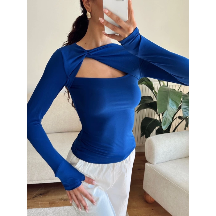 Göğüs Pencere Kruvaze Bluz - SAKS MAVİSİ