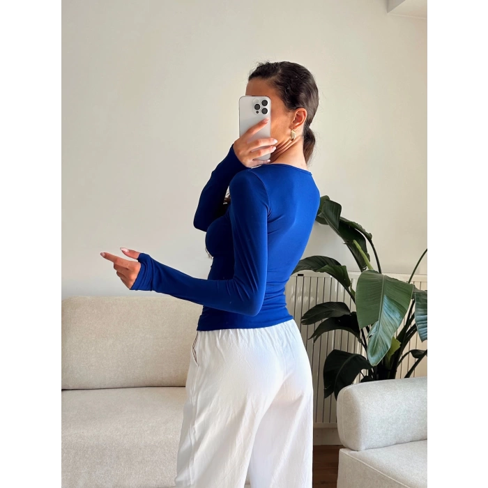 Göğüs Pencere Kruvaze Bluz - SAKS MAVİSİ