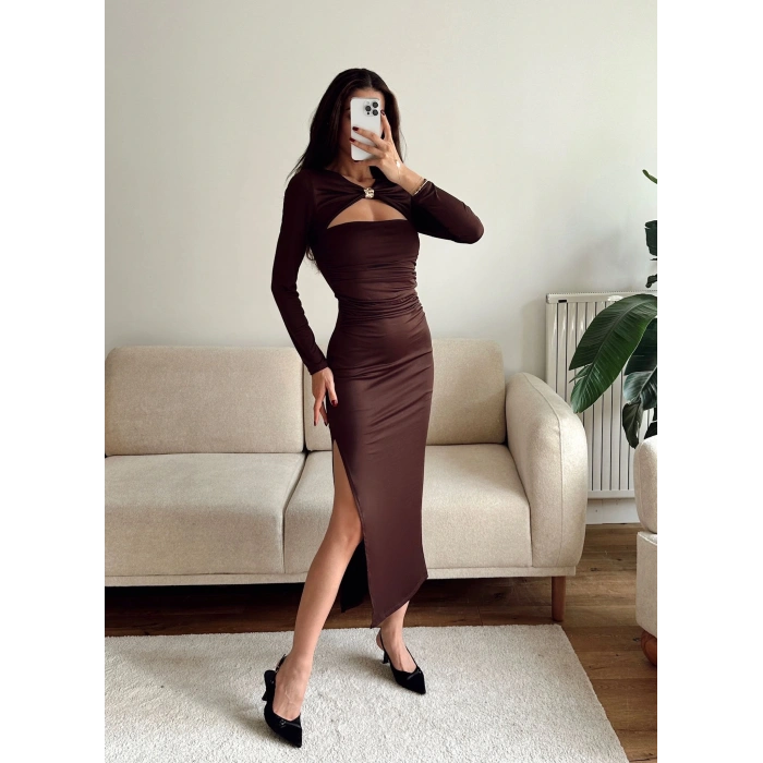 Göğüs Pencere Yırtmaçlı Elbise - KAHVE