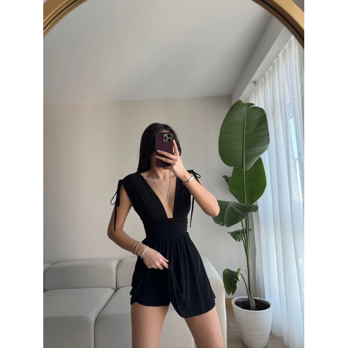 Göğüs Ve Sırt Dekolte Bağlamalı Elbise-SİYAH