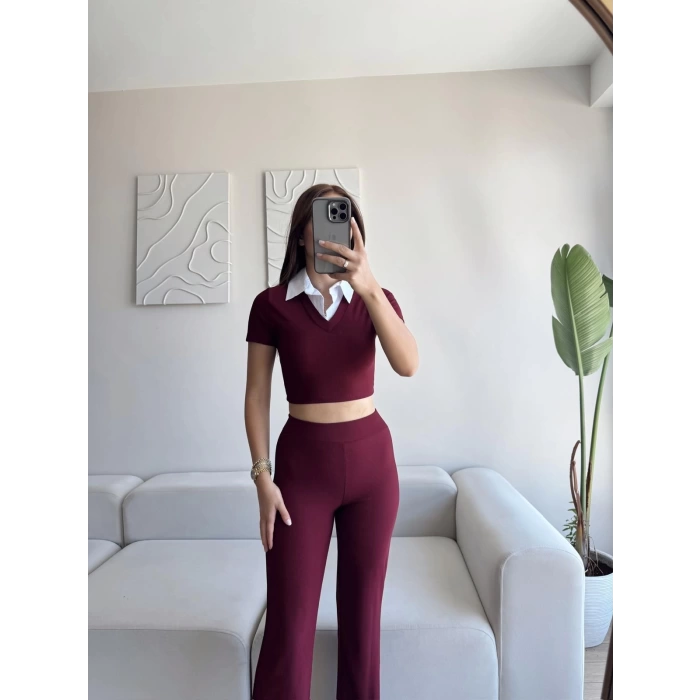 Gömlek Yaka Crop & Pantolon Takım - BORDO
