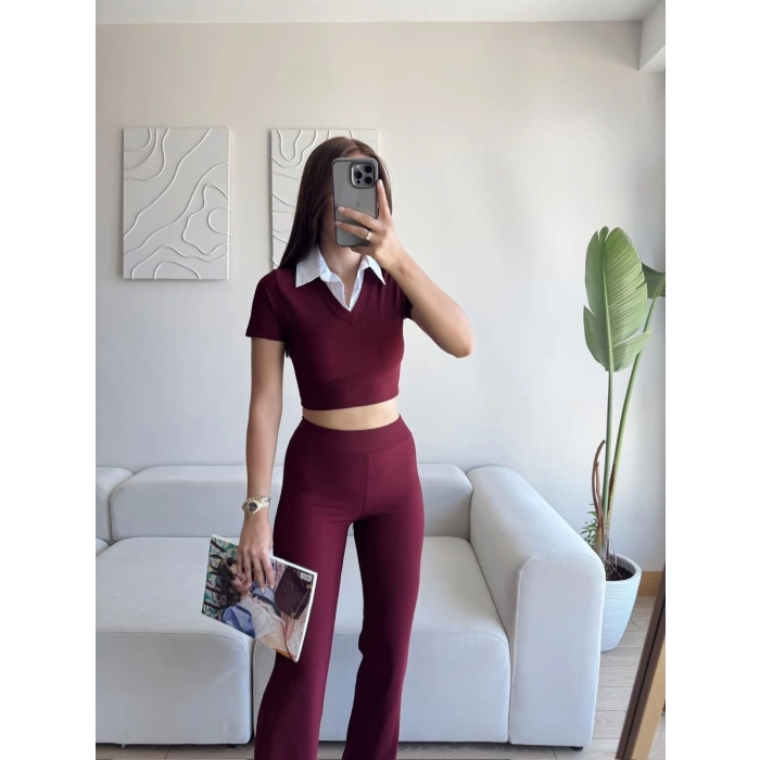 Gömlek Yaka Crop & Pantolon Takım - BORDO