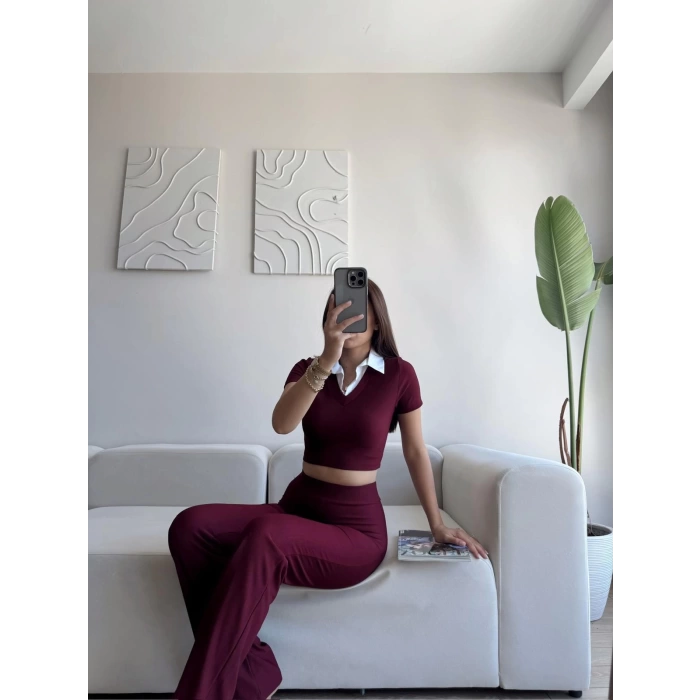 Gömlek Yaka Crop & Pantolon Takım - BORDO