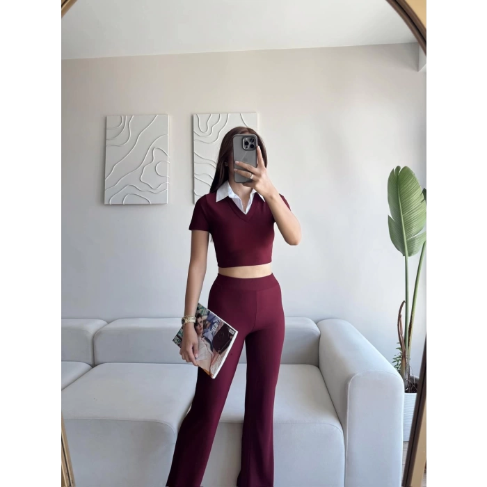 Gömlek Yaka Crop & Pantolon Takım - BORDO