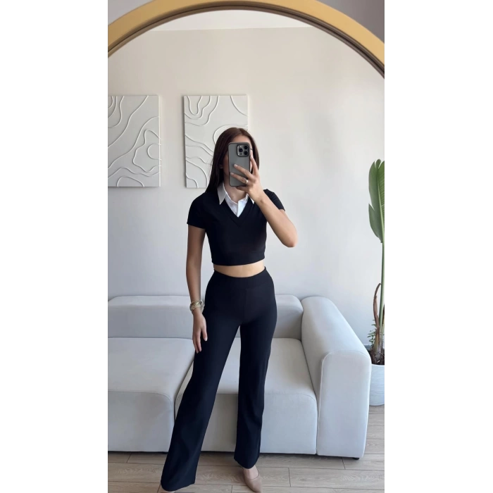 Gömlek Yaka Crop & Pantolon Takım - SİYAH