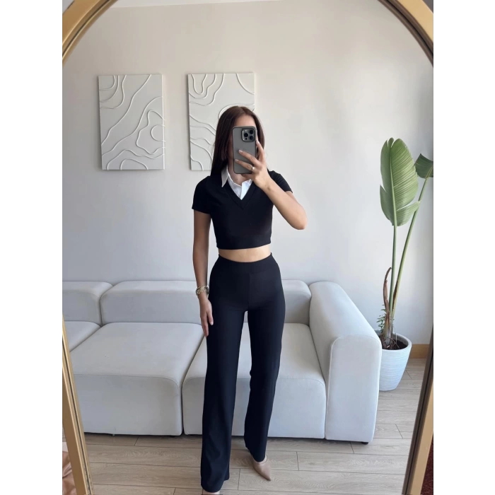 Gömlek Yaka Crop & Pantolon Takım - SİYAH