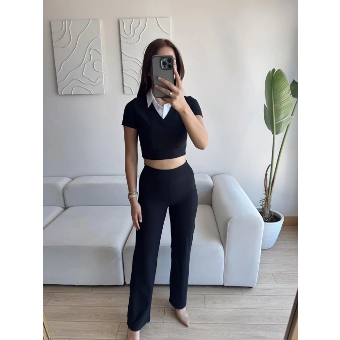 Gömlek Yaka Crop & Pantolon Takım - SİYAH