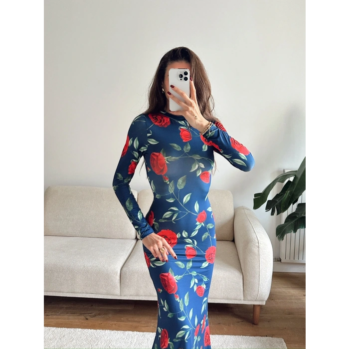 Gül Baskı Long Elbise