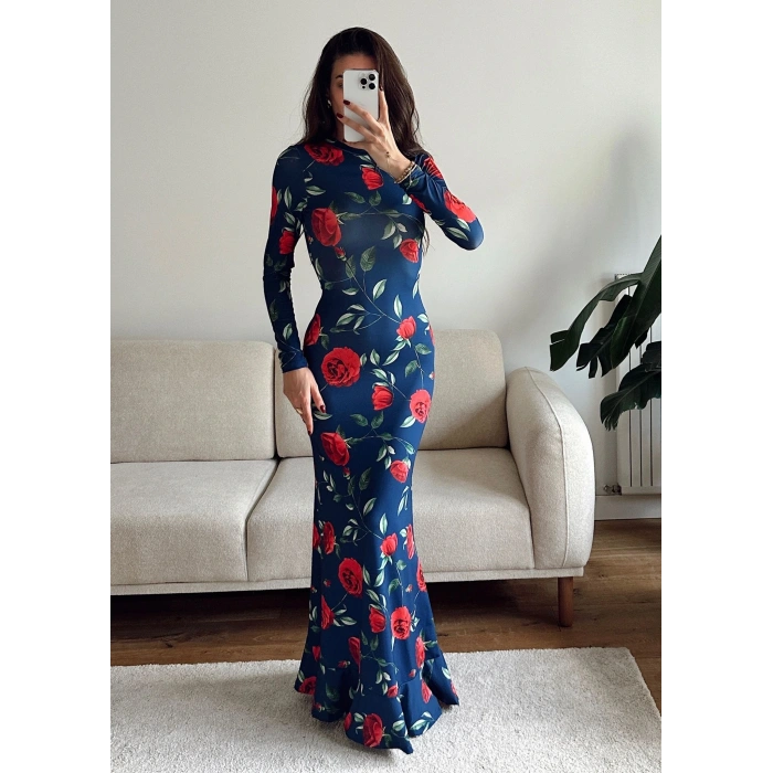 Gül Baskı Long Elbise