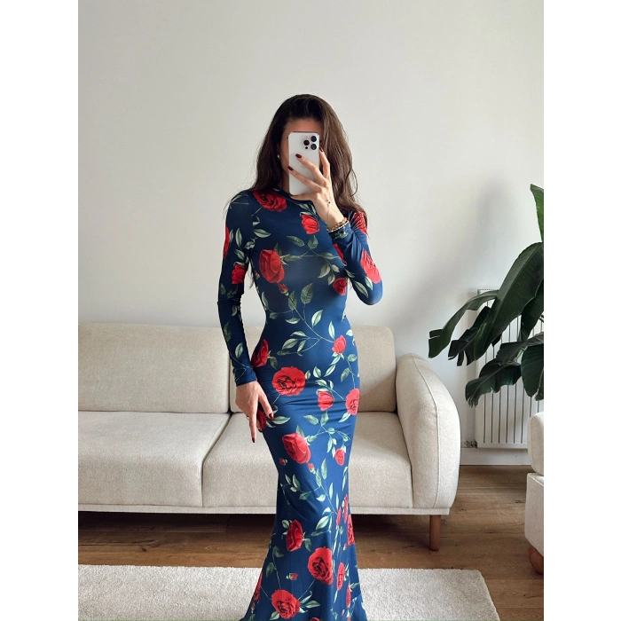 Gül Baskı Long Elbise