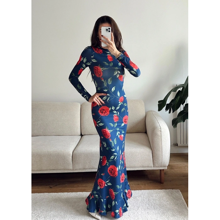 Gül Baskı Long Elbise