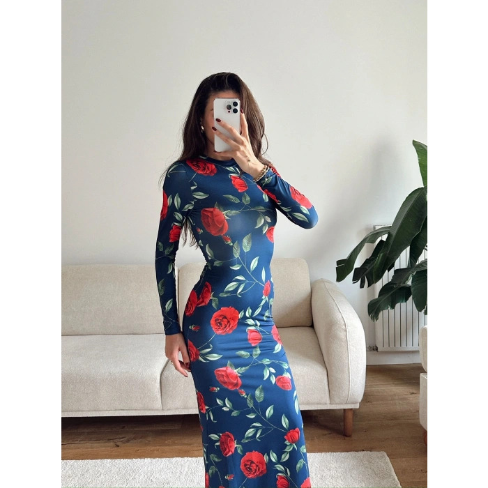 Gül Baskı Long Elbise