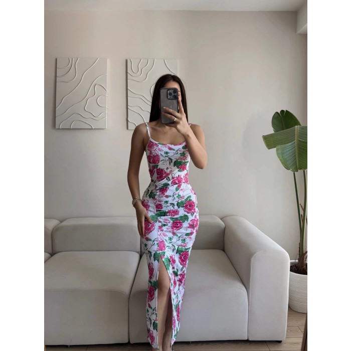 Gül Desen Askılı Elbise - FUŞYA