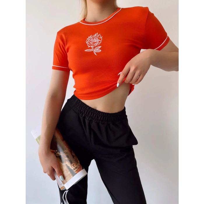 Gül Nakış Crop T-shirt-TURUNCU