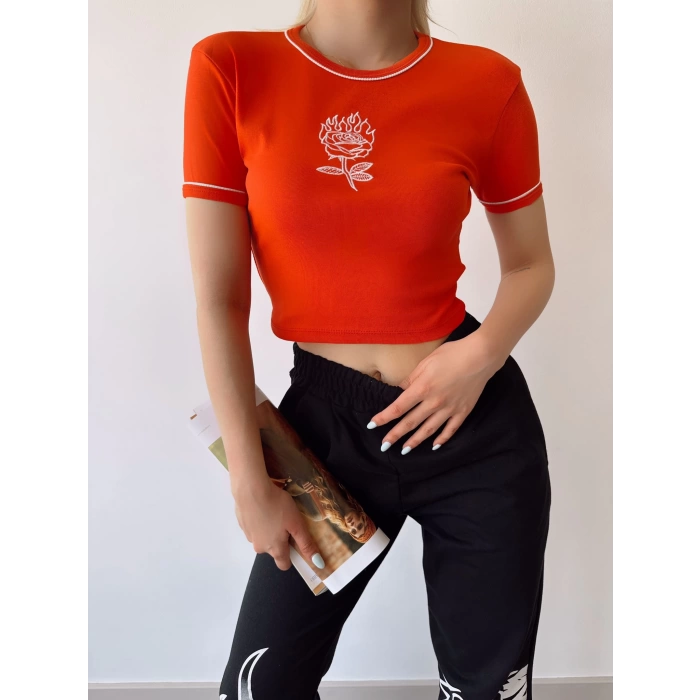 Gül Nakış Crop T-shirt-TURUNCU