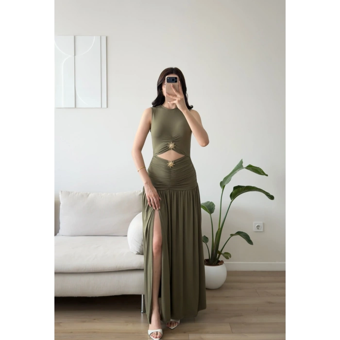 Güneş Gold Toka Yırtmaçlı Elbise - HAKİ