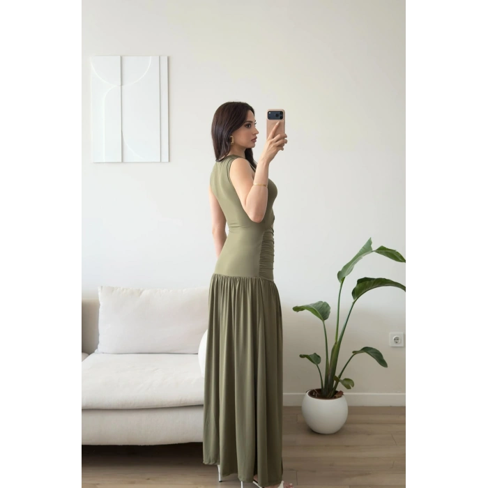 Güneş Gold Toka Yırtmaçlı Elbise - HAKİ