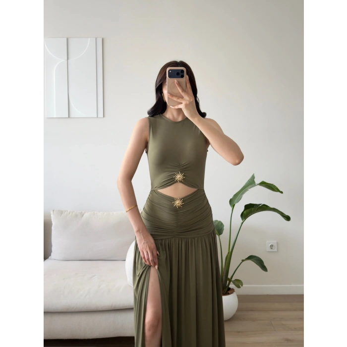 Güneş Gold Toka Yırtmaçlı Elbise - HAKİ