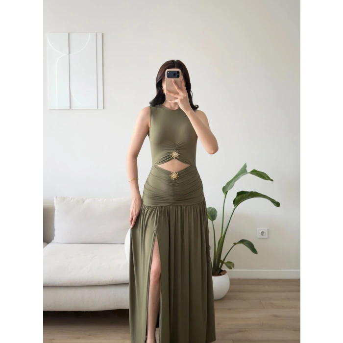 Güneş Gold Toka Yırtmaçlı Elbise - HAKİ