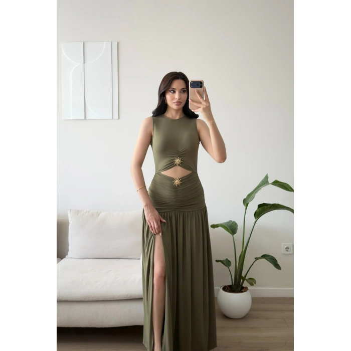 Güneş Gold Toka Yırtmaçlı Elbise - HAKİ
