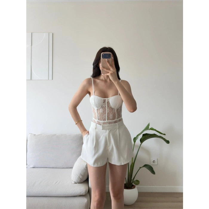 Güpürlü Bel Korse Bodysuit - BEYAZ