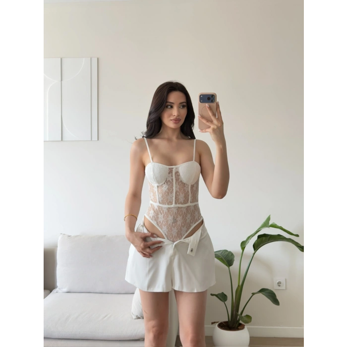 Güpürlü Bel Korse Bodysuit - BEYAZ