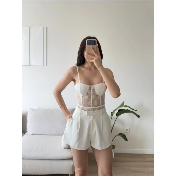 Güpürlü Bel Korse Bodysuit - BEYAZ