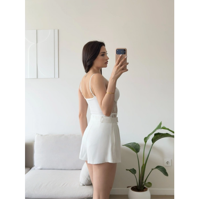 Güpürlü Bel Korse Bodysuit - BEYAZ