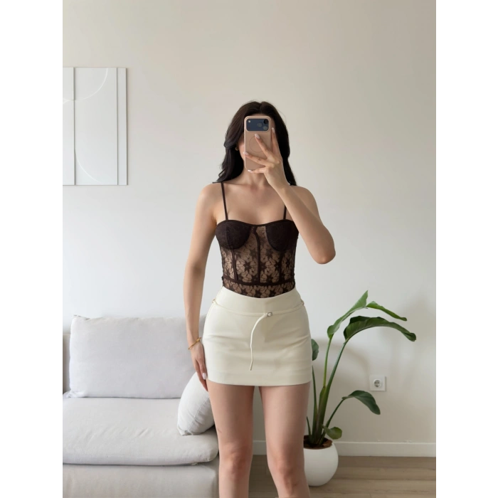 Güpürlü Bel Korse Bodysuit - KAHVE