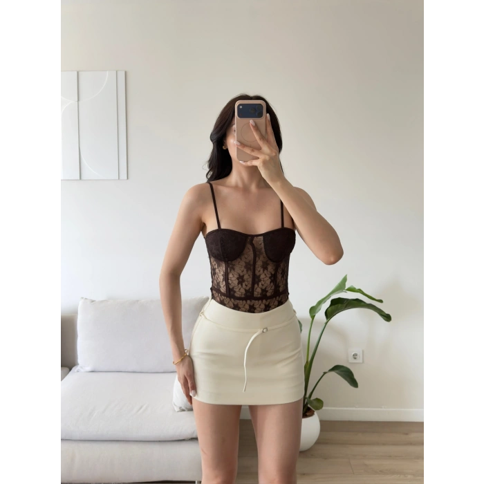 Güpürlü Bel Korse Bodysuit - KAHVE