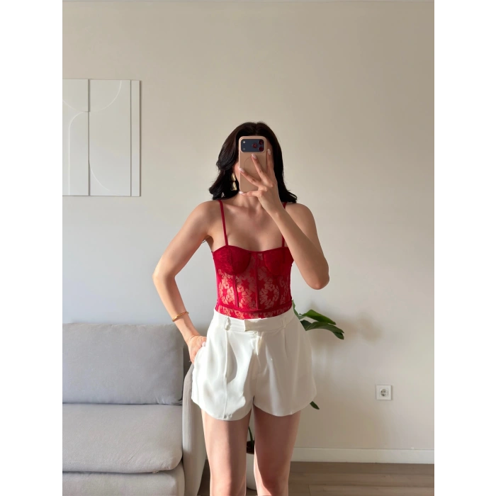 Güpürlü Bel Korse Bodysuit - KIRMIZI