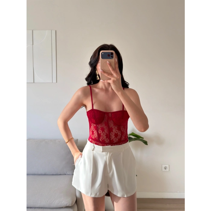Güpürlü Bel Korse Bodysuit - KIRMIZI