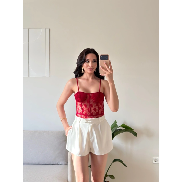 Güpürlü Bel Korse Bodysuit - KIRMIZI